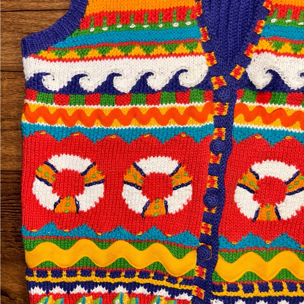 Marisa Christina ~ Large ~ Hand Knitted ~ Orange/Yellow/Blue ~ Ocean/Fish ~ Vest - Picture 13 of 16